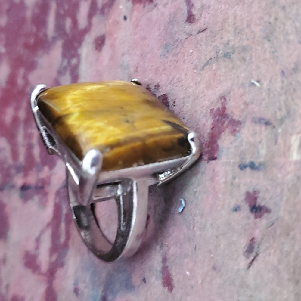 Natural Tiger Eye Ring Silver tone Vintage Bohemian SIZE 7 Energy Stone DY765